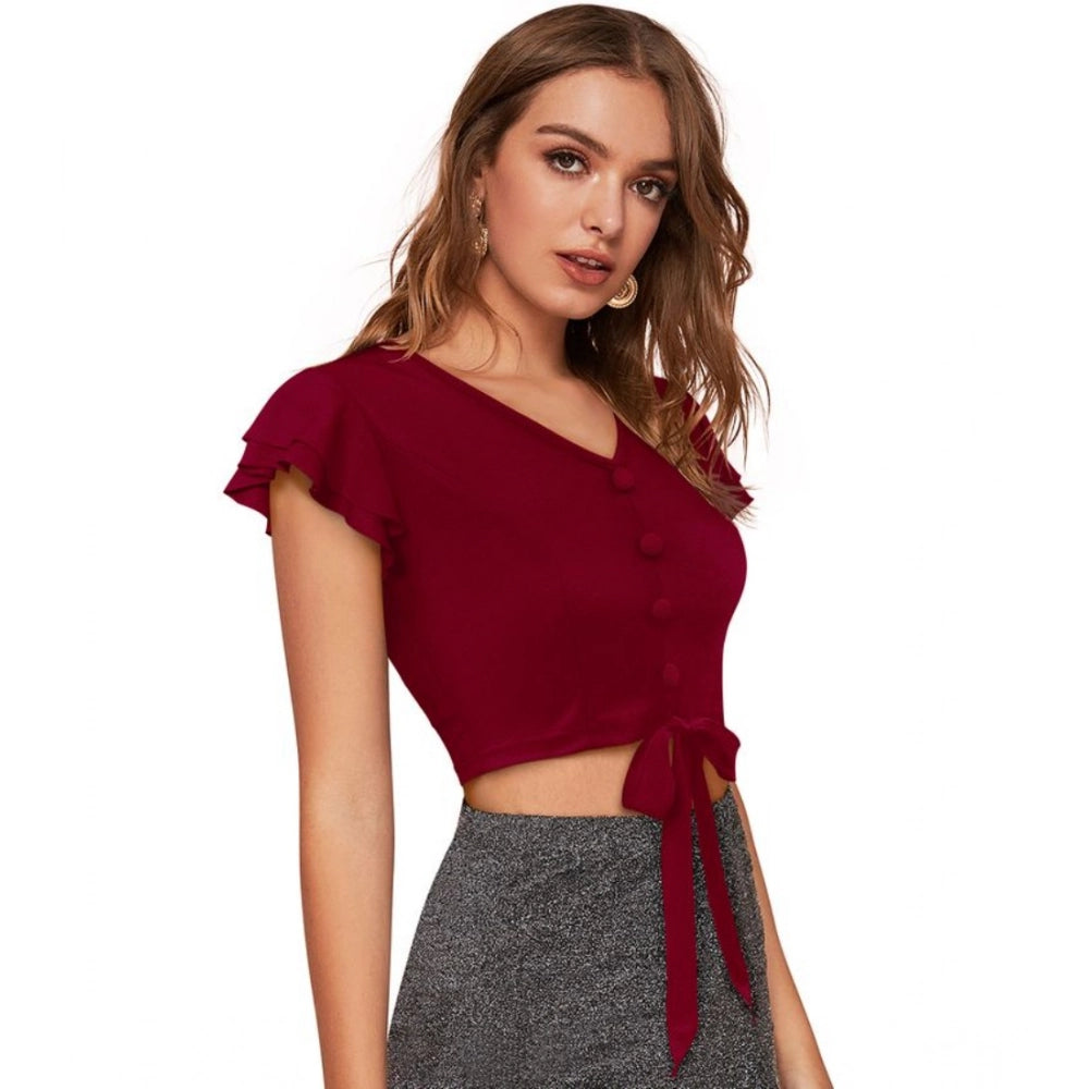 Ranili Polyester Solid Short Sleeves V Neck Top