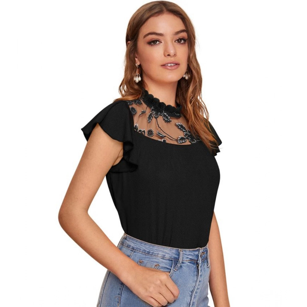 Ranili Polyester Solid Cap Sleeve Sweetheart Neck Top