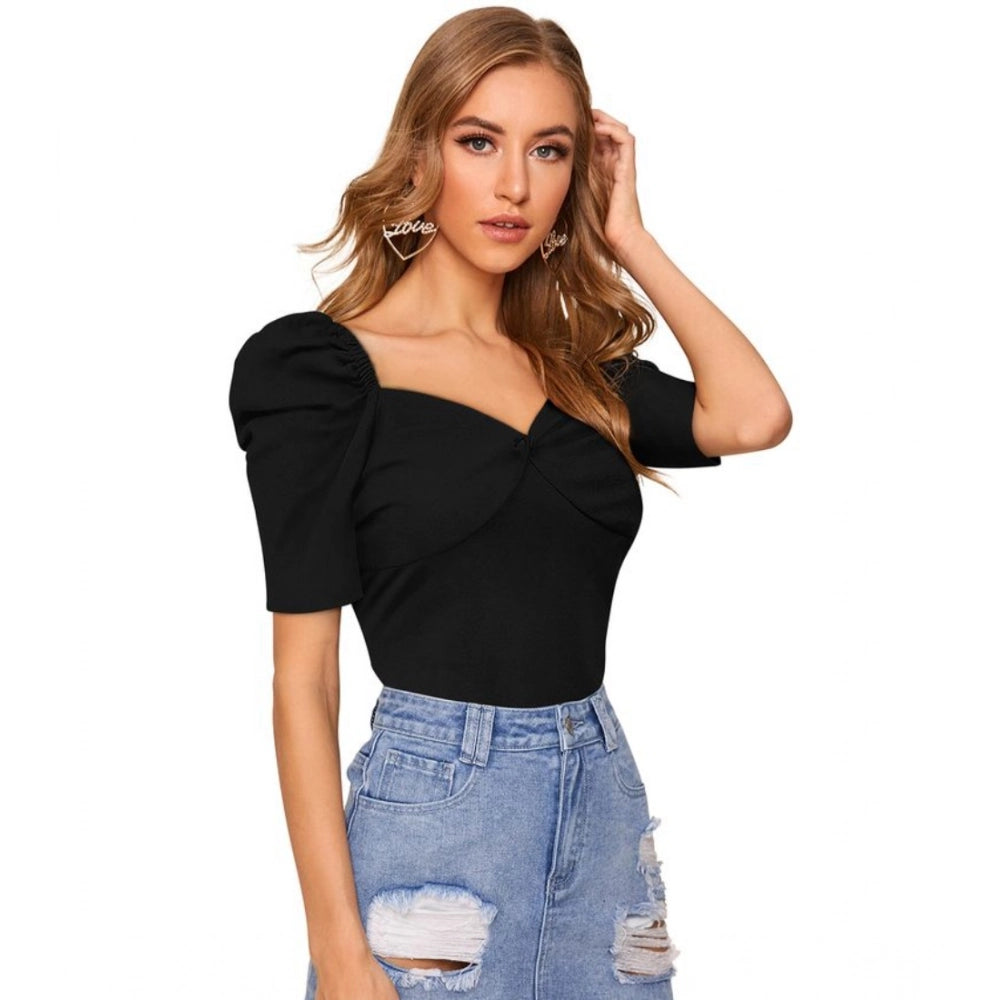 Ranili Polyester Solid Puff Short Sleeves Sweetheart Neck Top