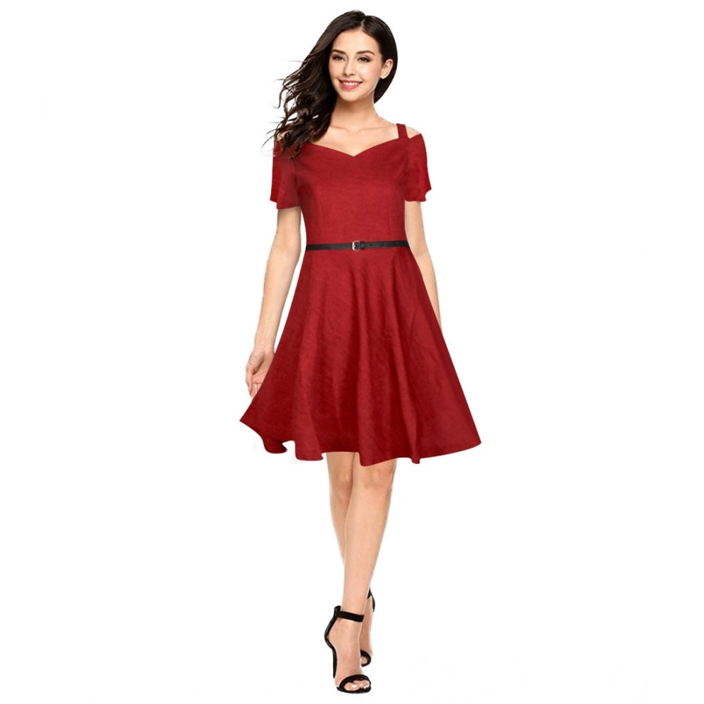 Ranili Polyester Solid V Neck Cap Sleeve Dress