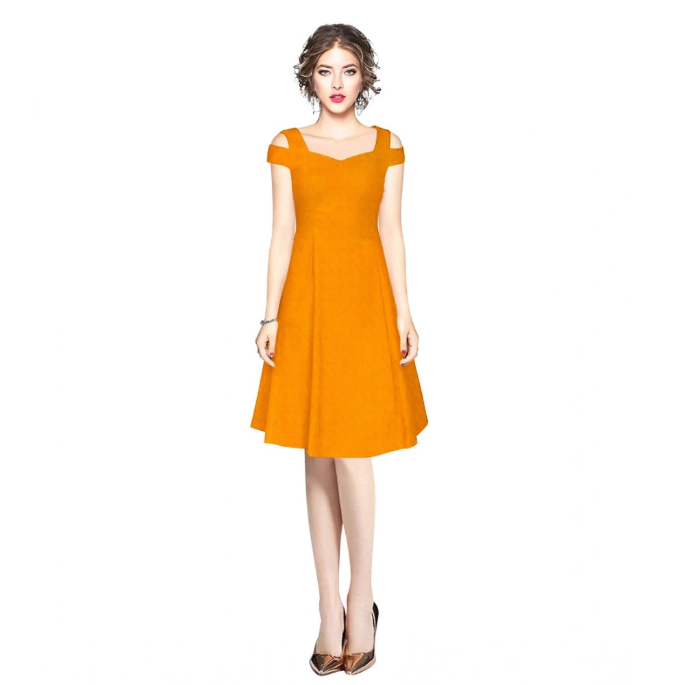 Ranili Polyster Solid V Neck Cap Sleeve Off Sholder Dress