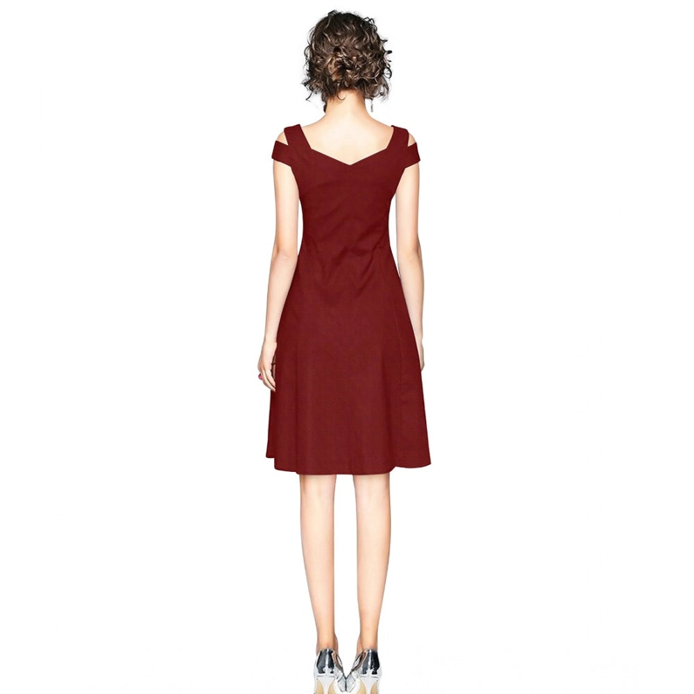 Ranili Polyester Solid V Neck Cap Sleeve Off Shoulder Dress