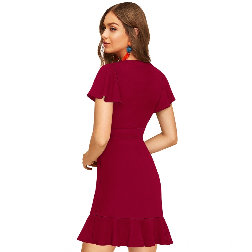 Ranili Knitting Stretchable Solid V Neck Flaired Sleeve Dress