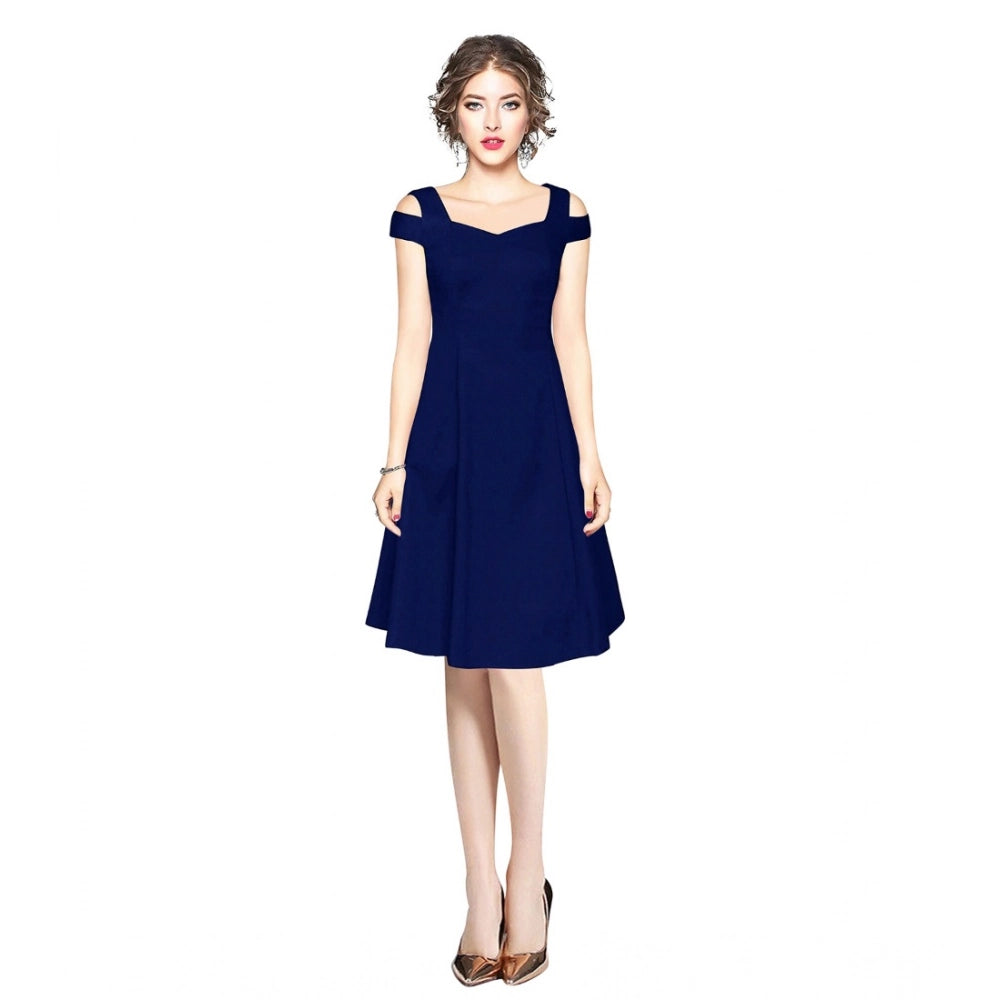 Ranili Polyester Solid V Neck Cap Sleeve Off Shoulder Dress