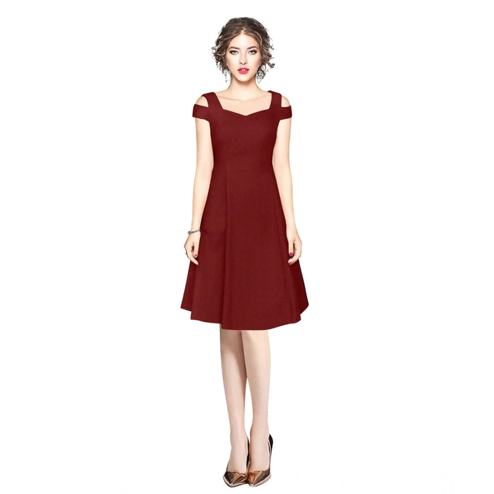 Ranili Polyester Solid V Neck Cap Sleeve Off Shoulder Dress