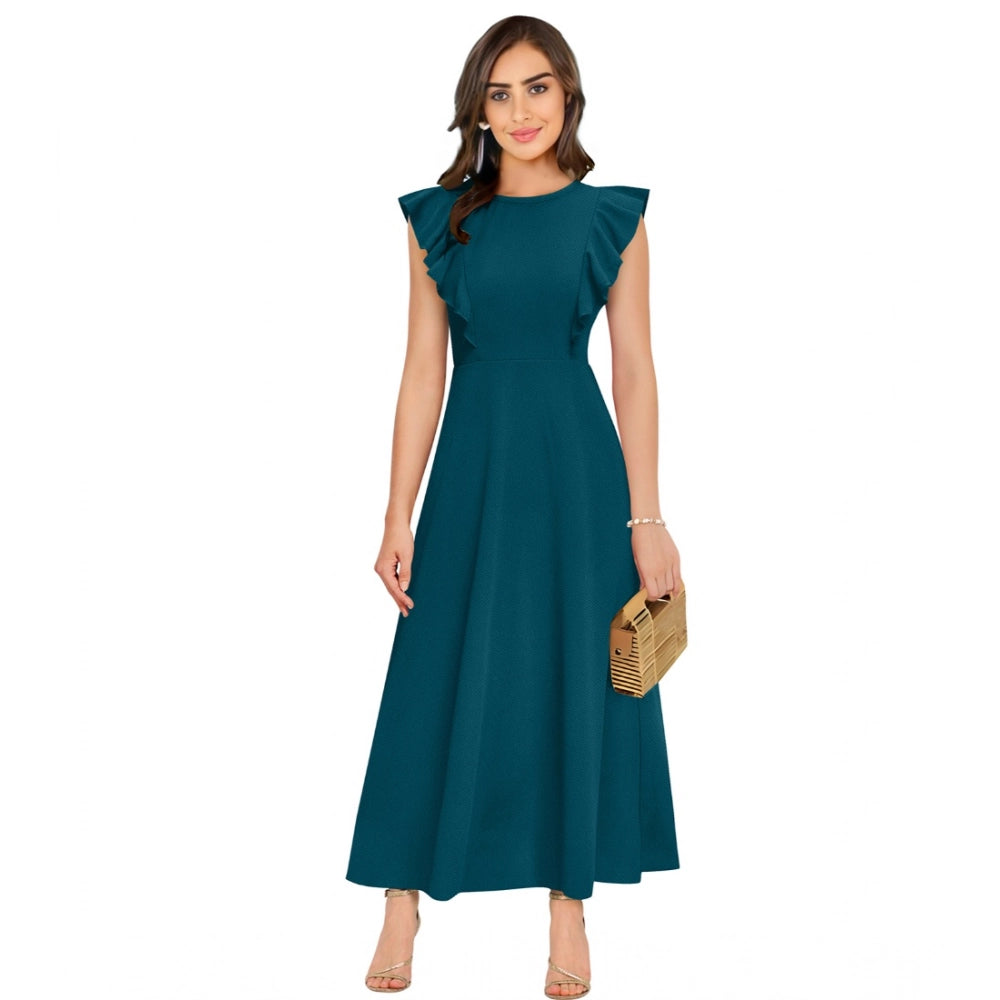 Ranili Knitting Stretchable Solid Round Neck Ruffled Sleeve Dress