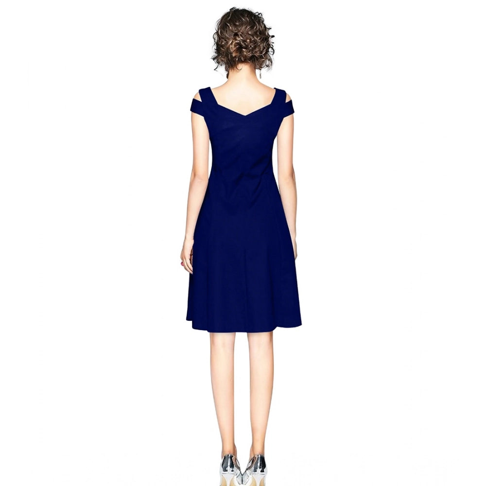 Ranili Polyester Solid V Neck Cap Sleeve Off Shoulder Dress