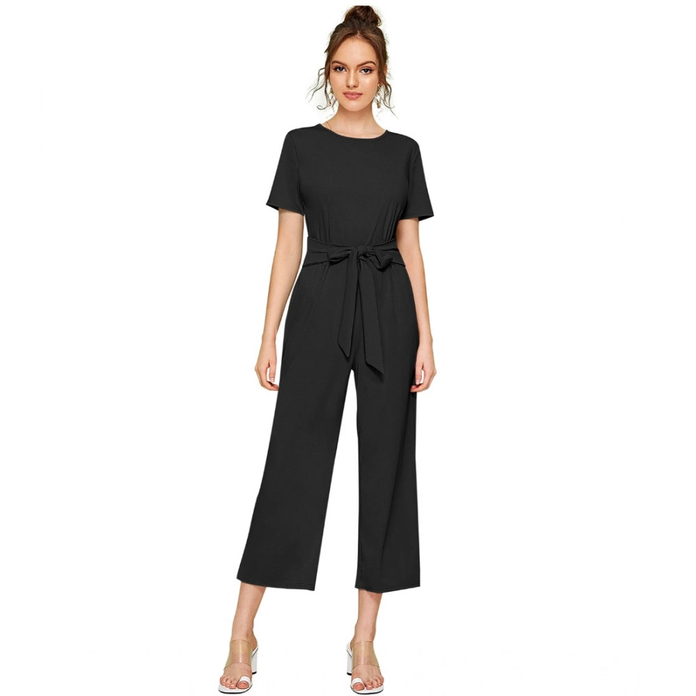 Ranili Knitting Stretchable Solid Round Neck Cap Sleeve Jumpsuit