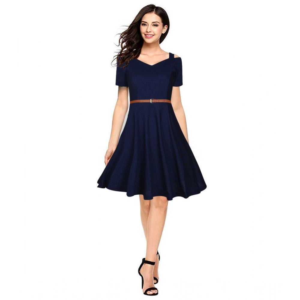 Ranili Polyester Solid V Neck Cap Sleeve Dress