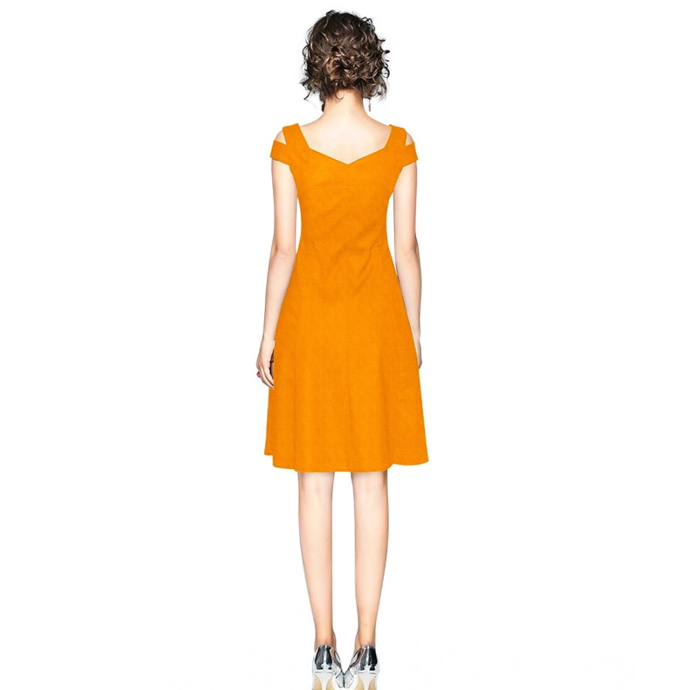 Ranili Polyester Solid V Neck Cap Sleeve Off Shoulder Dress