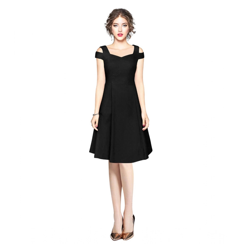 Ranili Polyester Solid V Neck Cap Sleeve Off Shoulder Dress