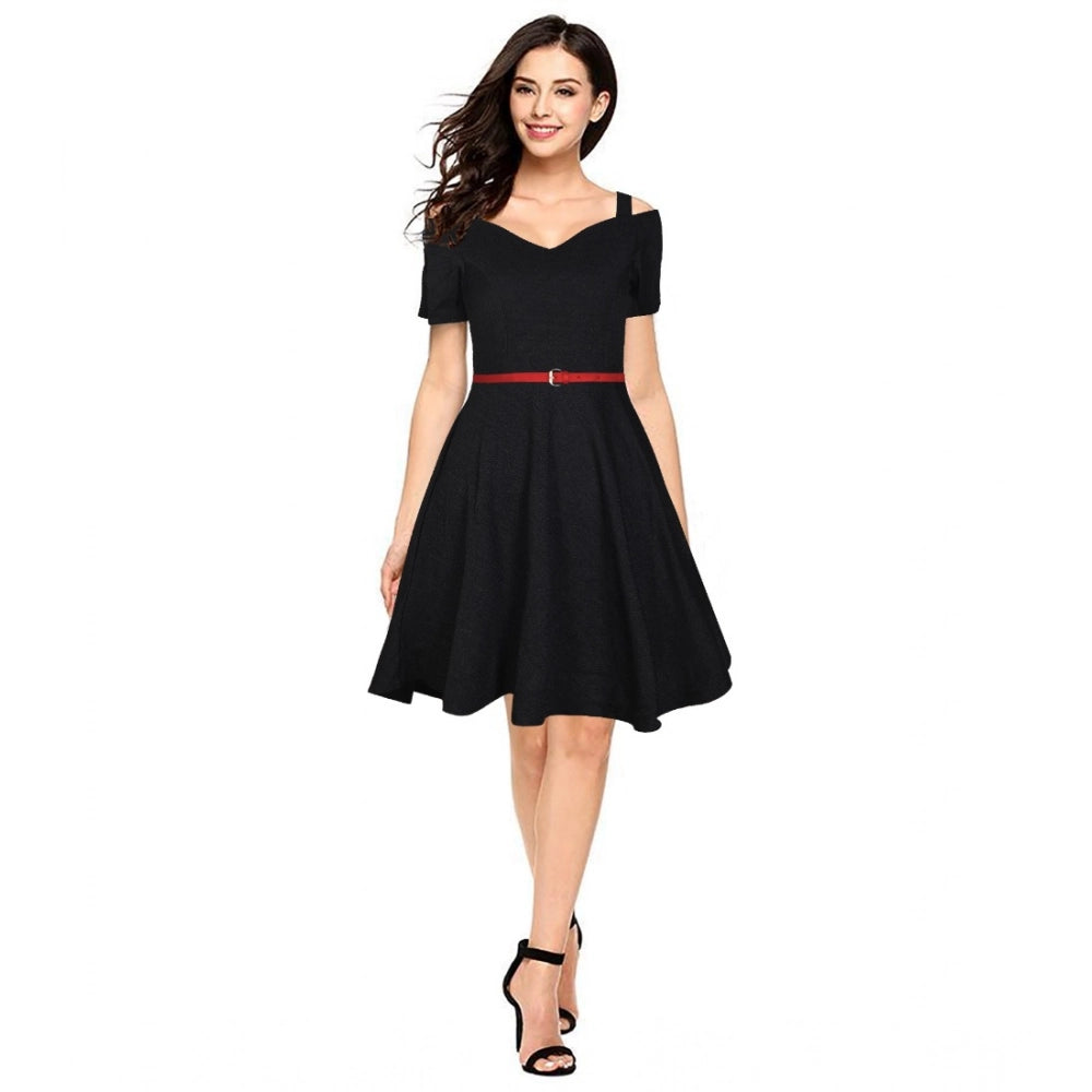 Ranili Polyester Solid V Neck Cap Sleeve Dress