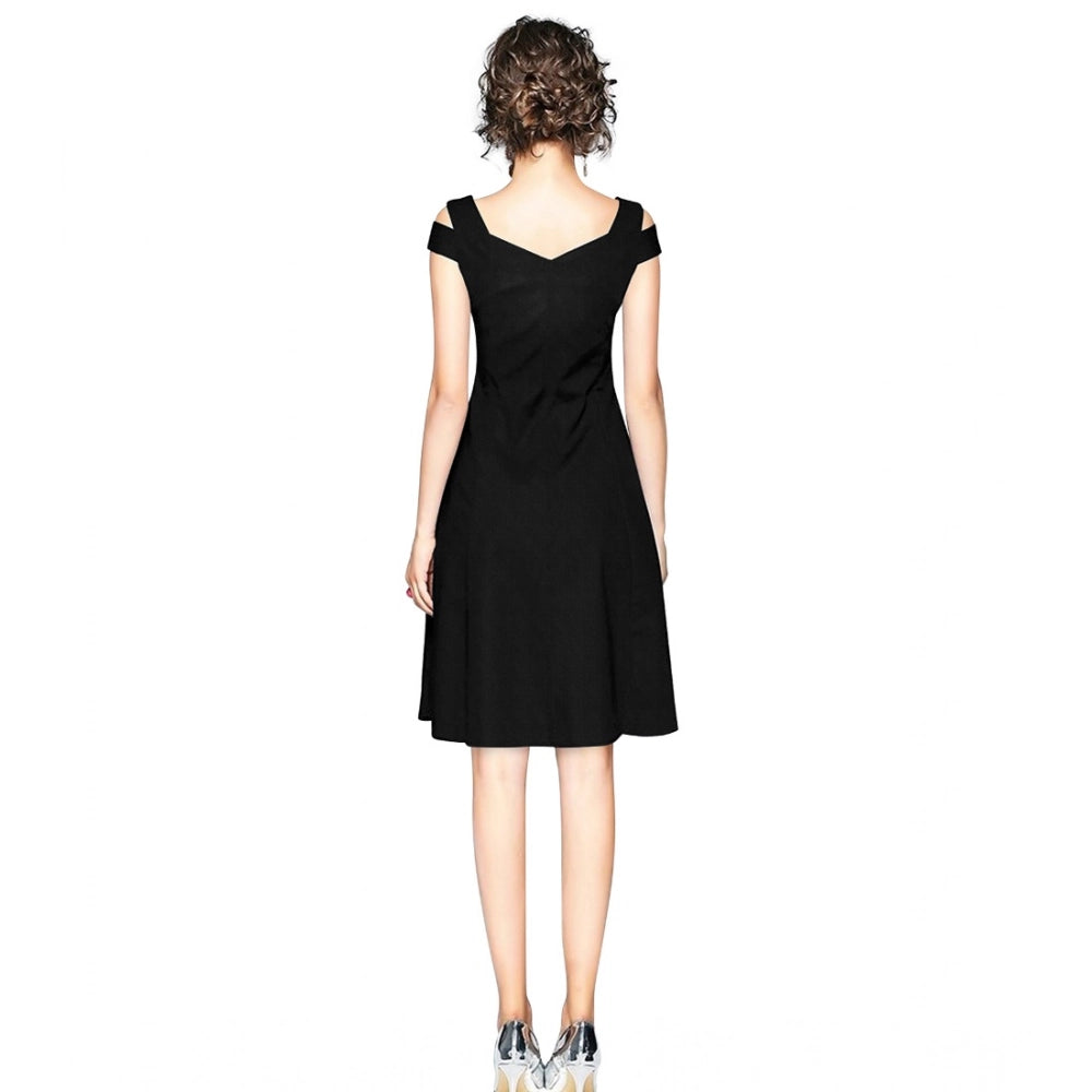 Ranili Polyester Solid V Neck Cap Sleeve Off Shoulder Dress