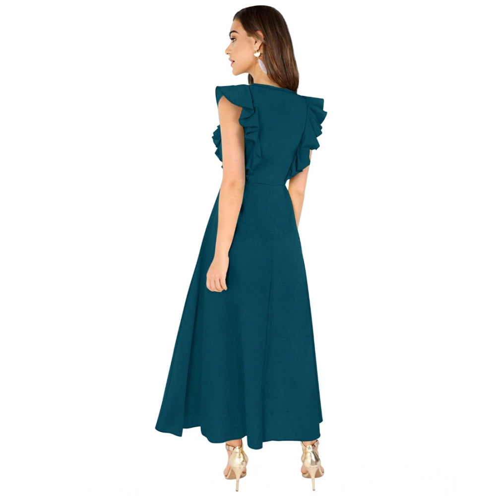 Ranili Knitting Stretchable Solid Round Neck Ruffled Sleeve Dress