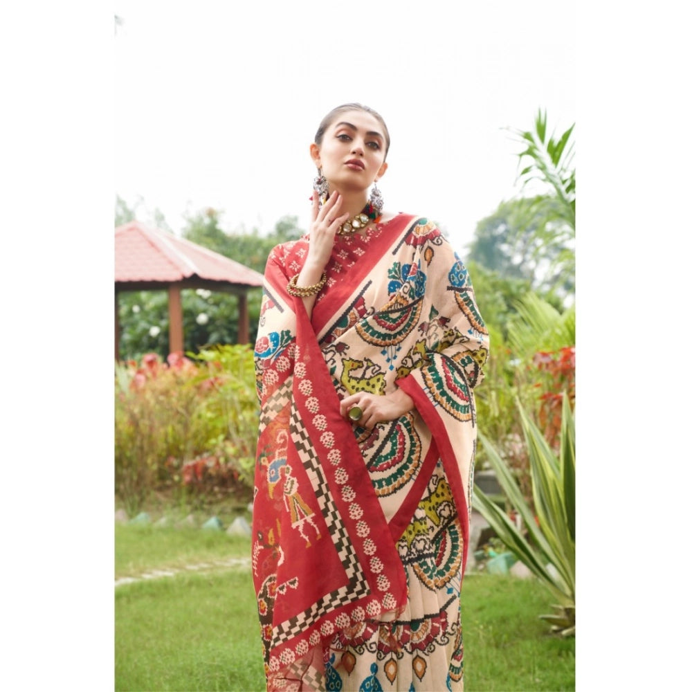 Ranili Tussar Silk Printed Saree With Unstitched Blouse