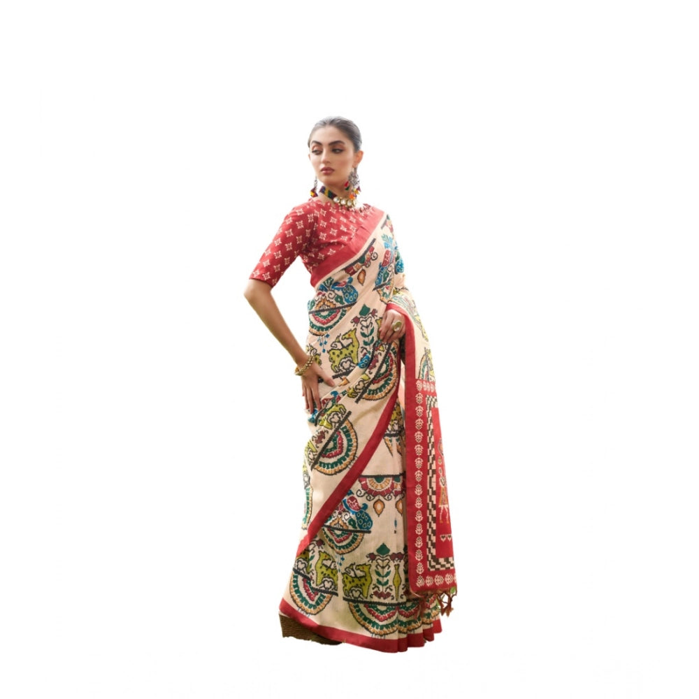 Ranili Tussar Silk Printed Saree With Unstitched Blouse