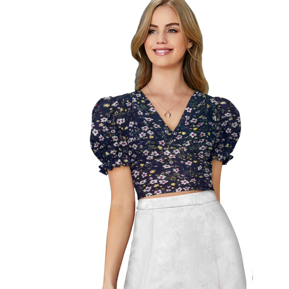 Ranili Knitting Printed V-neck Puff Sleeve Tops