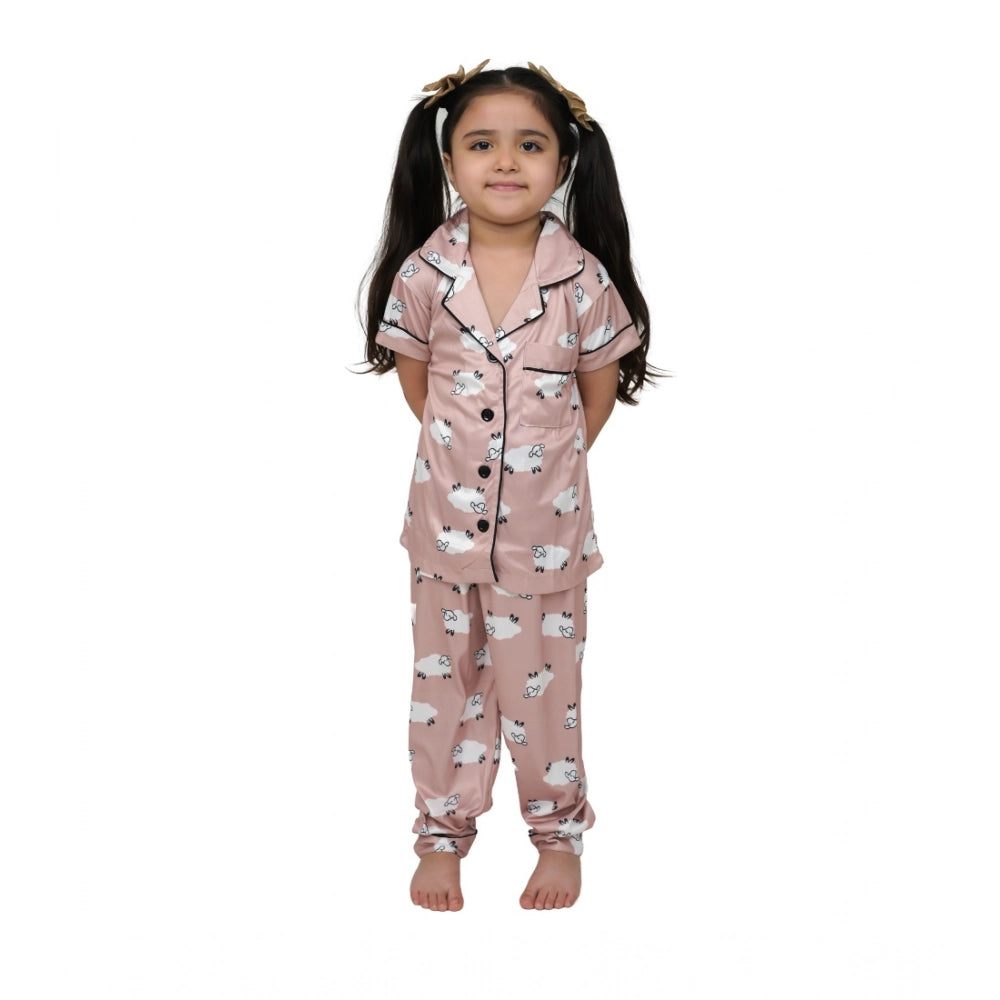 Ranili Girl's Silk Bleand Printed Short Sleeve Night Suit Set