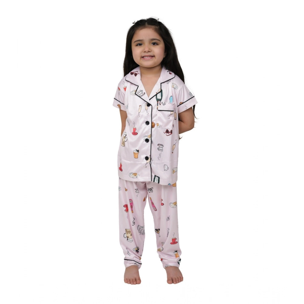 Ranili Girl's Silk Bleand Printed Short Sleeve Night Suit Set