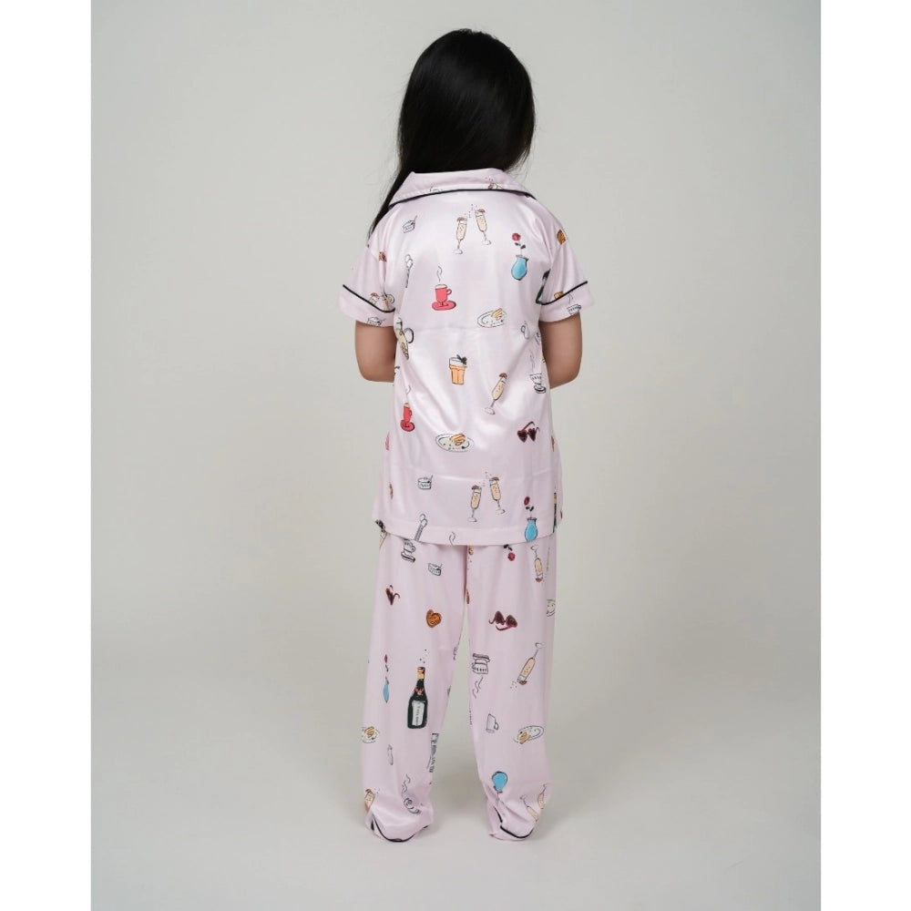 Ranili Girl's Silk Bleand Printed Short Sleeve Night Suit Set