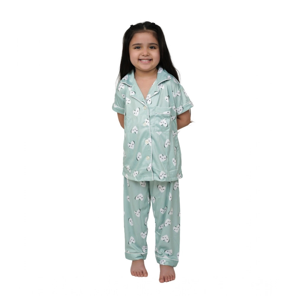 Ranili Girl's Silk Bleand Printed Short Sleeve Night Suit Set