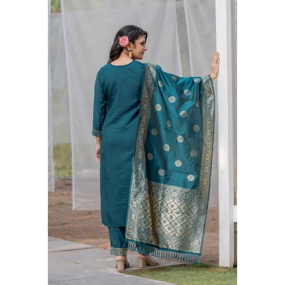 Ranili Rayon Printed Round Neck Kurti With Pant And Dupatta Set