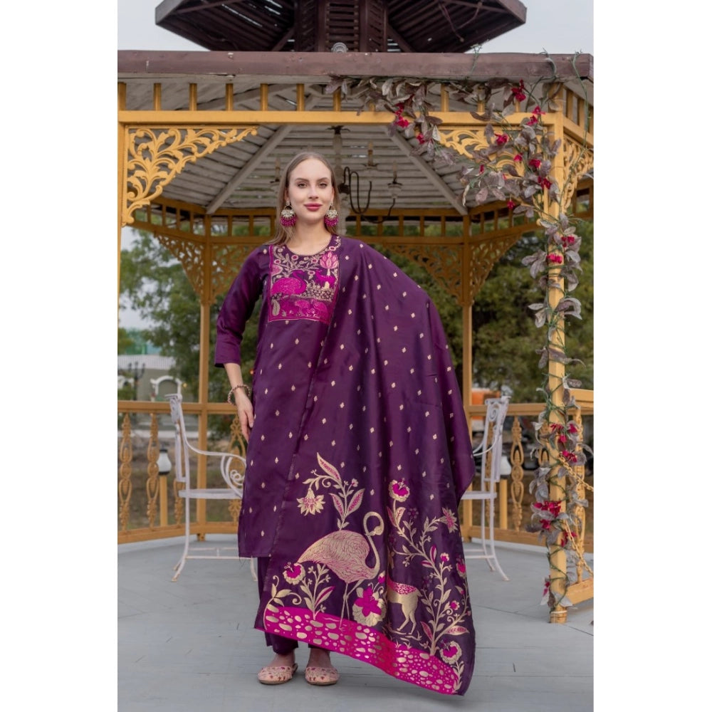 Ranili Cotton Blend Printed Round Neck Kurti With Pant And Dupatta Set