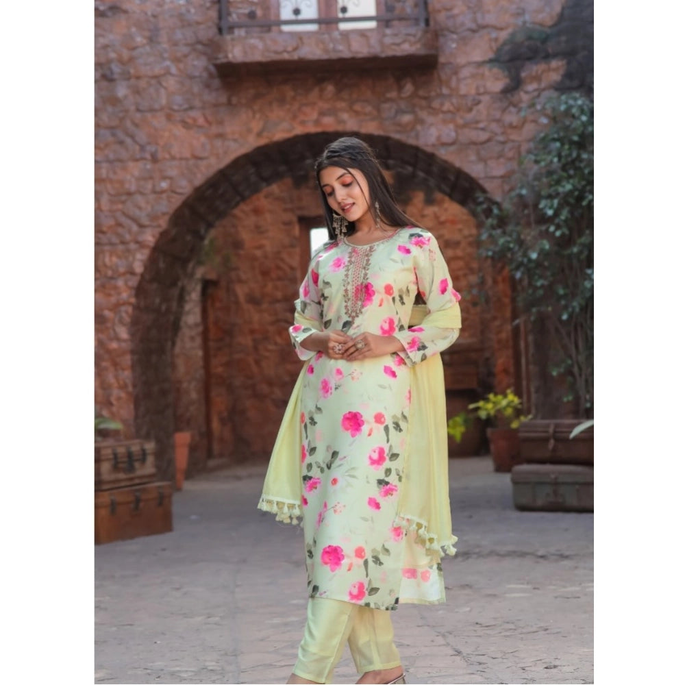 Ranili Cotton Blend Printed Round Neck Kurti With Pant And Dupatta Set