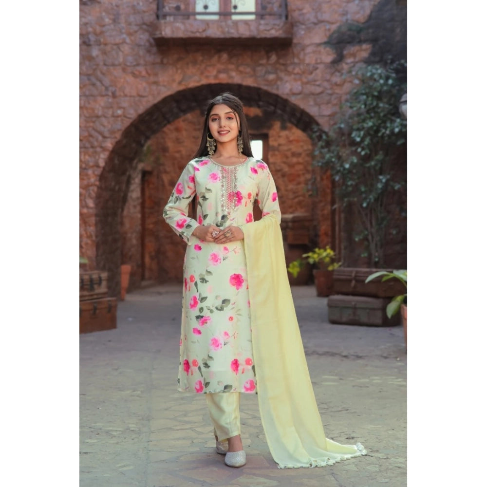 Ranili Cotton Blend Printed Round Neck Kurti With Pant And Dupatta Set