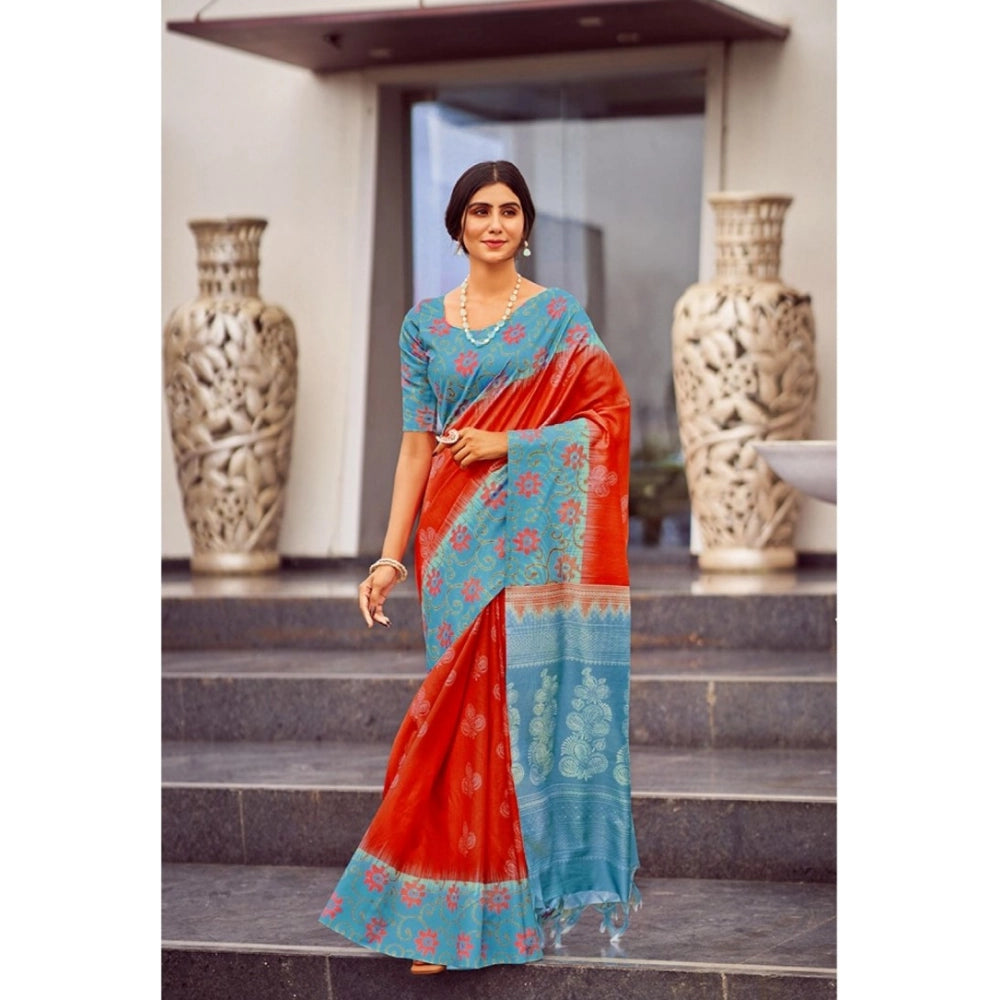 Ranili Cotton Blend Printed Saree With Unstitched Blouse