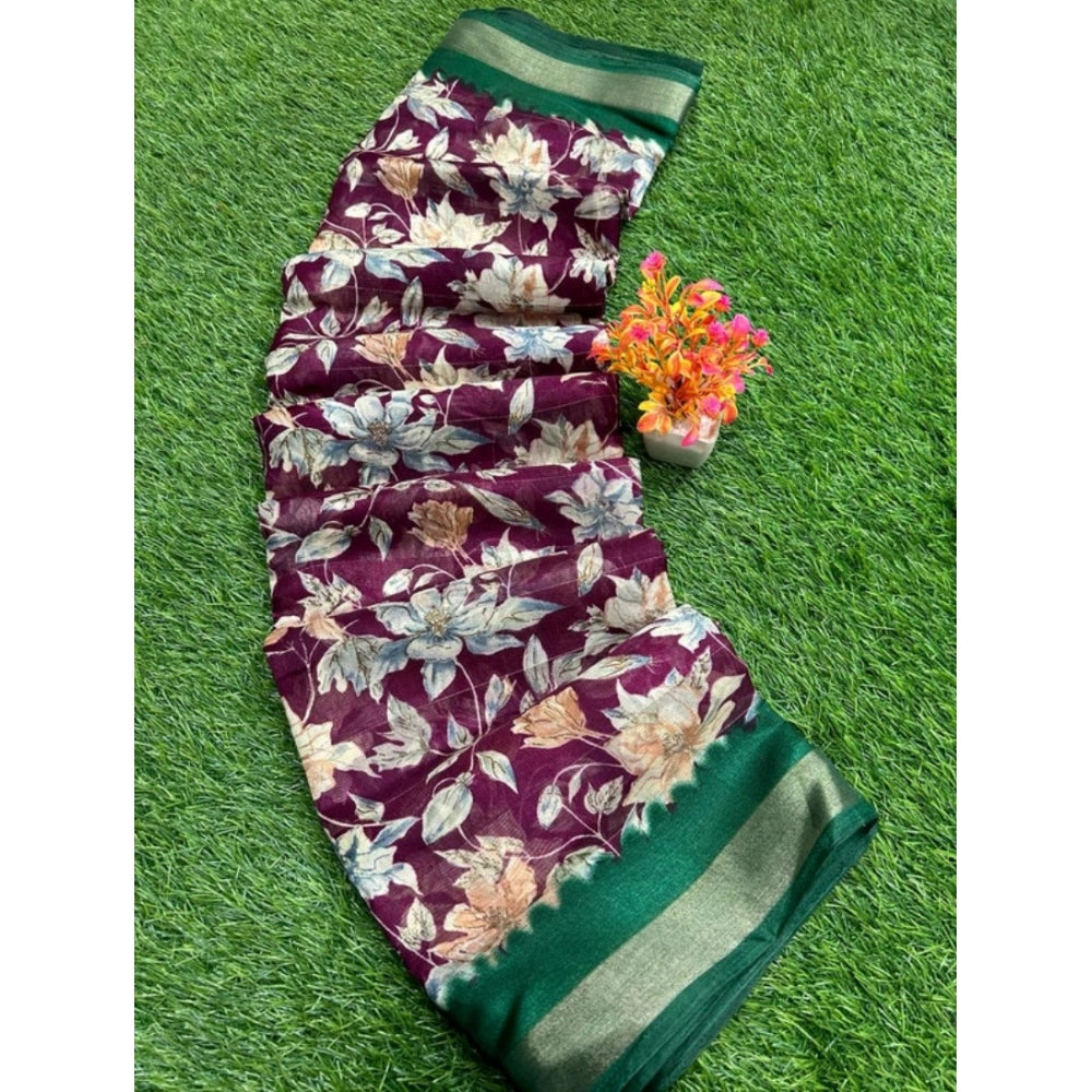 Ranili Linen Printed Saree With Unstitched Blouse