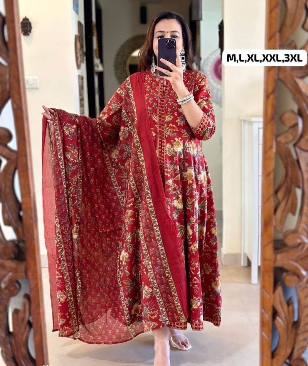 Full Cotton Printed Handwork Anarkali Kurta with Pant and Malmal Dupatta