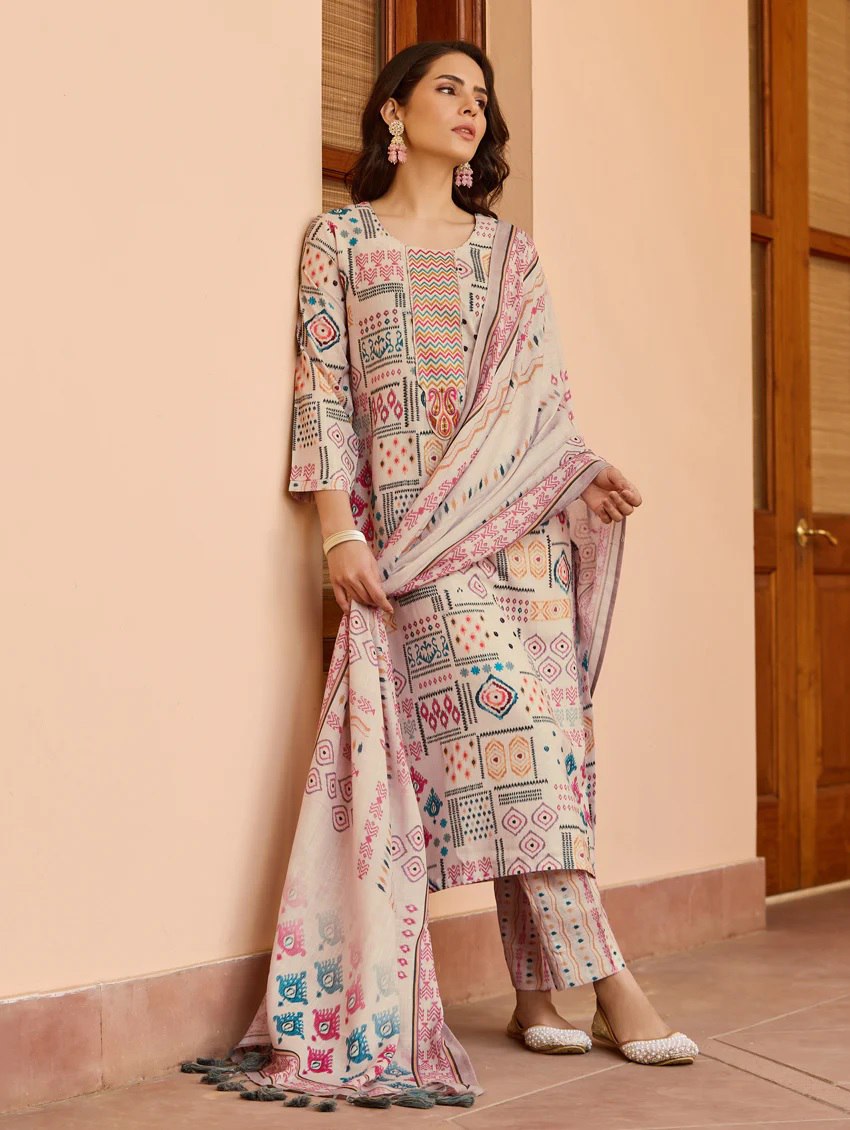 Ranili Printed Chanderi Cotton Kurti with Pant & Dupatta