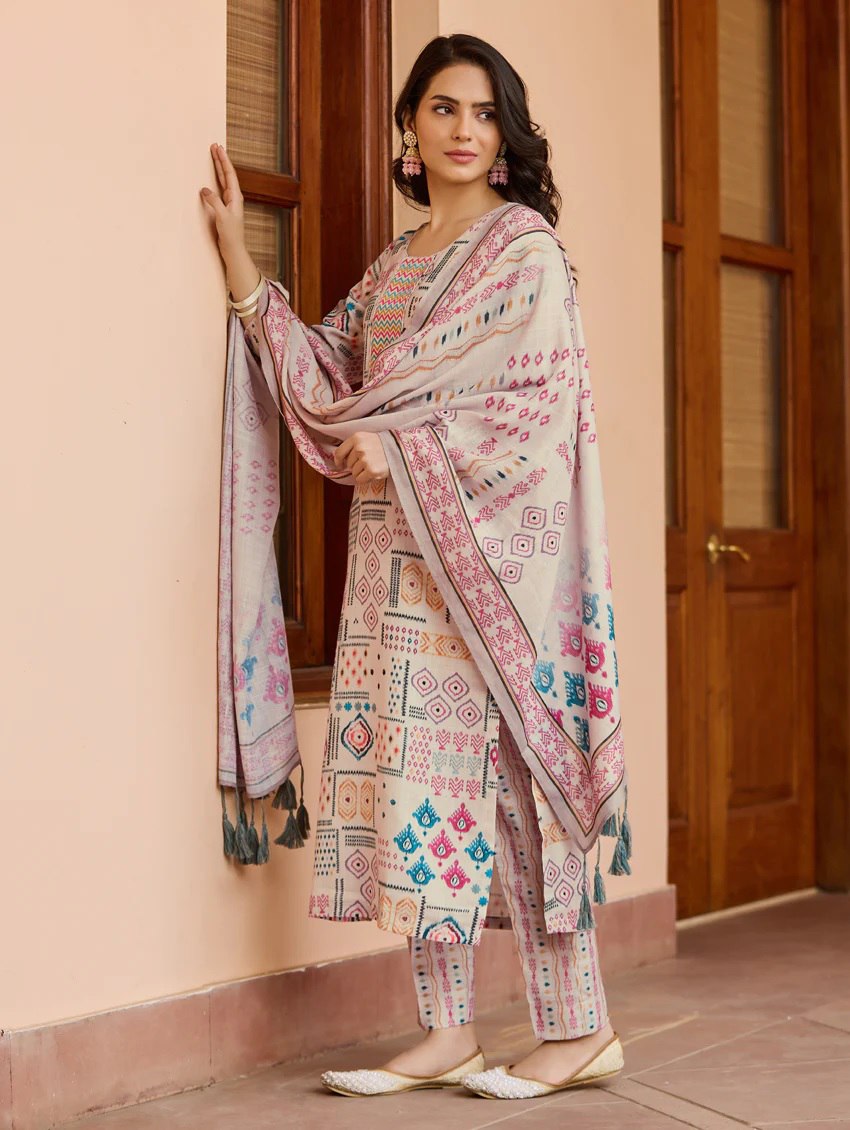 Ranili Printed Chanderi Cotton Kurti with Pant & Dupatta